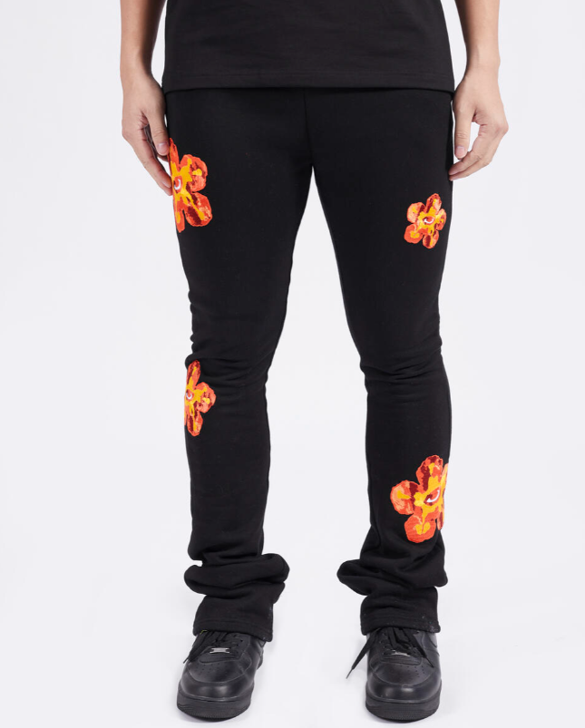 FLAME OF FAME FLEECE STACKED PANTS BLACK
