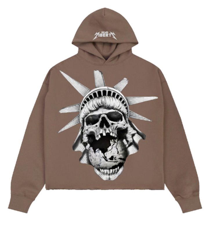 FLEECE DEAD LIBERTY CROPPED DROP SHOULDER HOODIE WITH RHINESTONE DETAILS DARK TAUPE