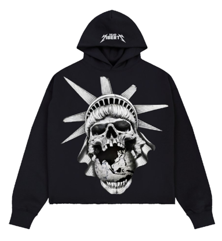 FLEECE DEAD LIBERTY CROPPED DROP SHOULDER HOODIE WITH RHINESTONE DETAILS BLACK