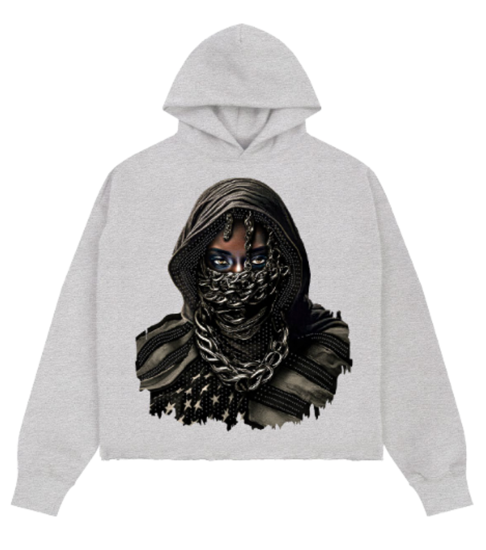 SILENCE CROPPED DROP SHOULDER HOODIE WITH RHINESTONE DETAILS HEATHER GREY