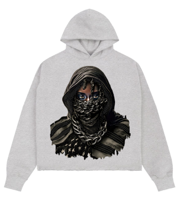 SILENCE CROPPED DROP SHOULDER HOODIE WITH RHINESTONE DETAILS HEATHER GREY