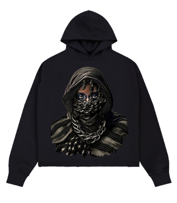 SILENCE CROPPED DROP SHOULDER HOODIE WITH RHINESTONE DETAILS BLACK