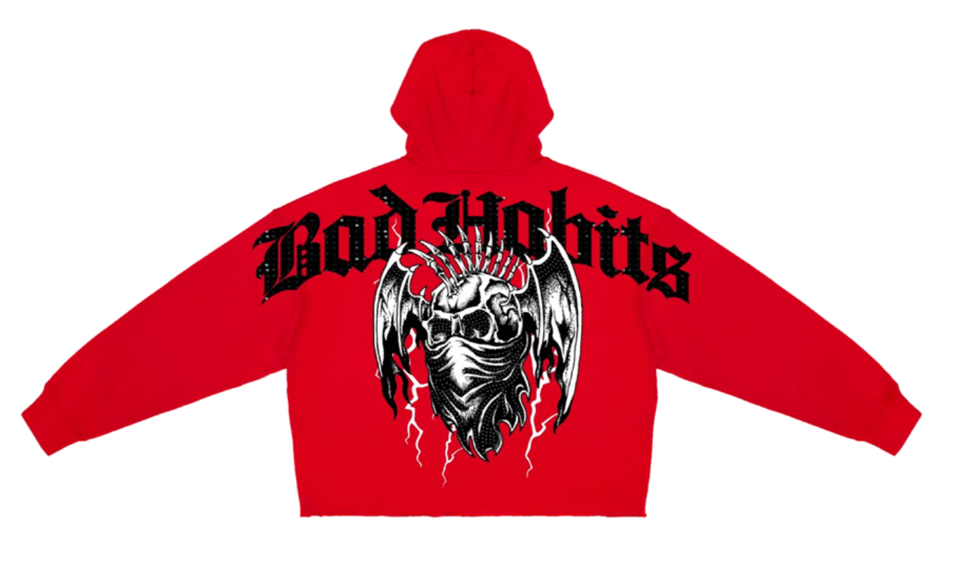 BAD HABITS CROPPED DROP SHOULER FLEECE HOODIE WITH RHINESTONE DETAILS RED