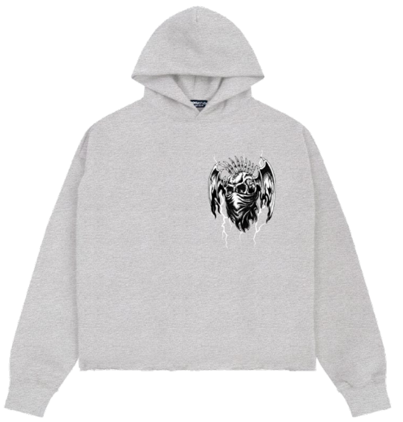 BAD HABITS CROPPED DROP SHOULDER FLEECE HOODIE WITH RHINESTONE DETAILS HEATHER GREY