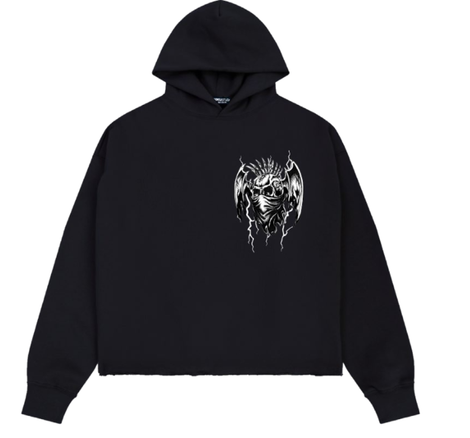 BAD HABITS CROPPED DROP SHOULDER FLEECE HOODIE WITH RHINESTONE DETAILS BLACK