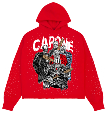 FLEECE MONEY TEAM CROPPED DROP SHOULDER HOODIE WITH RHINESTONE DETAILS RED