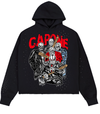 FLEECE MONEY TEAM CROPPED DROP SHOULDER HOODIE WITH RHINESTONE DETAILS BLACK