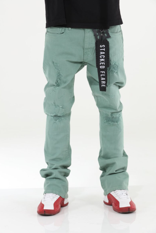Mint Green Stacked Flare Jeans