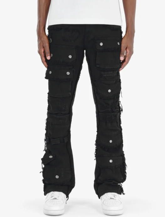 BLACK MULTI CARGO STACKED DENIMS