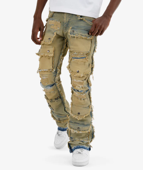 VINTAGE WASHED MULTI CARGO STACKED DENIMS