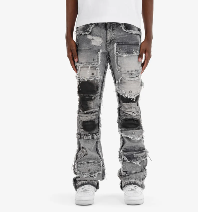 GRAY MULTI CARGO STACKED DENIMS