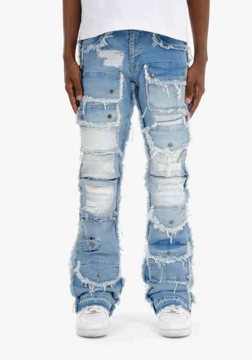 LIGHT BLUE MULTI CARGO STACKED DENIMS