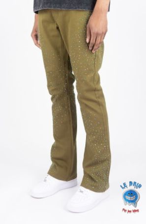 RHINESTONE STACKED TWILL PANTS (GREEN GOLD STONES)