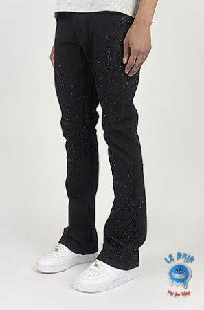 RHINESTONE STACKED TWILL PANTS (GLOSS JET BLACK STONES)