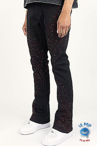 RHINESTONE STACKED TWILL PANTS (RED SIAM STONES)