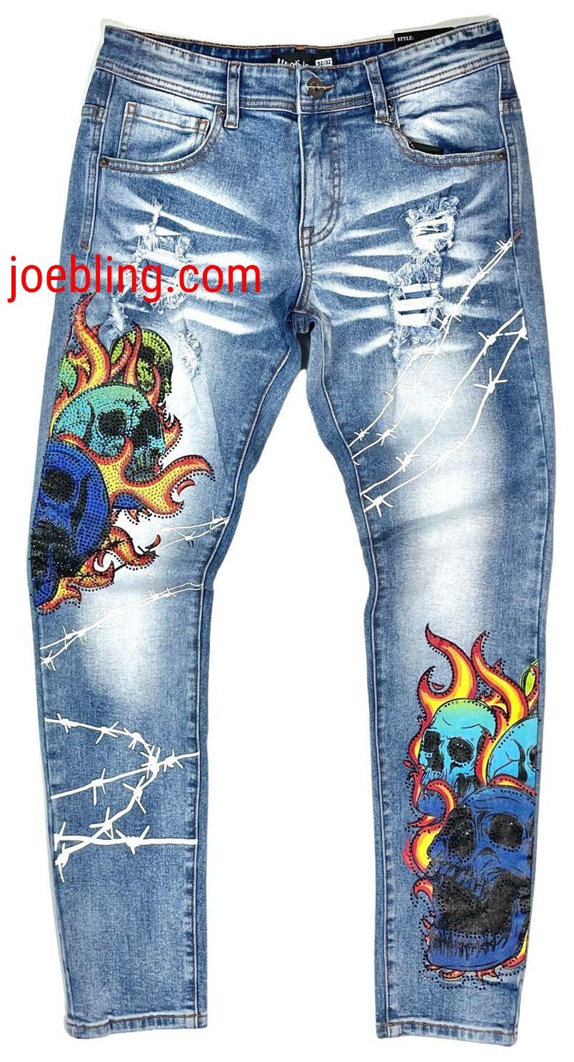 SLIM FIT - BURNING SKULLS BLUE