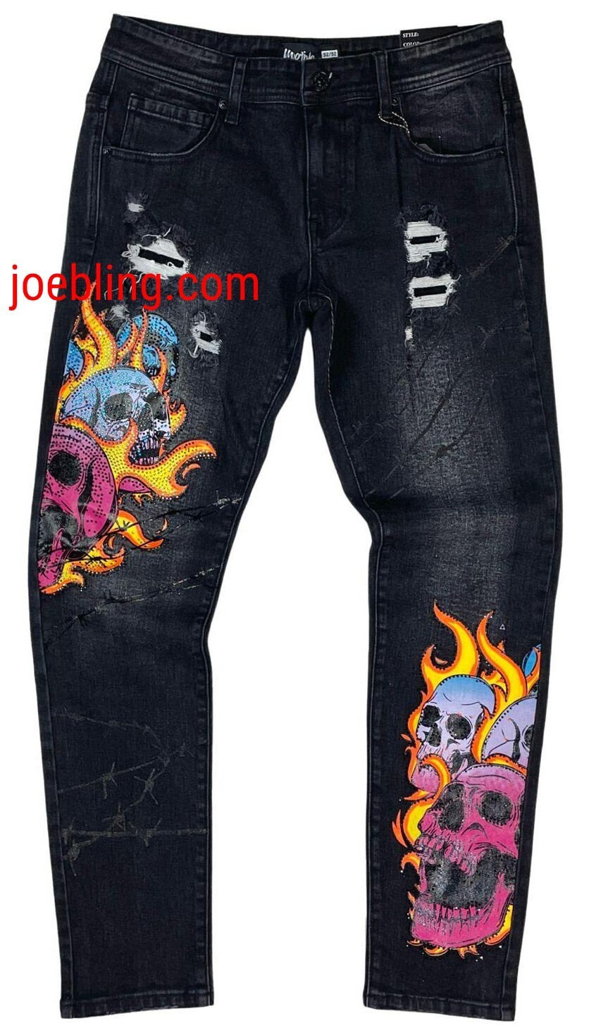SKINNY FIT  BURNING SKULLS BLACK