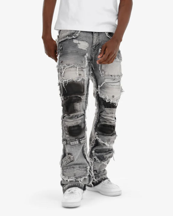 GRAY MULTI CARGO STACKED DENIMS