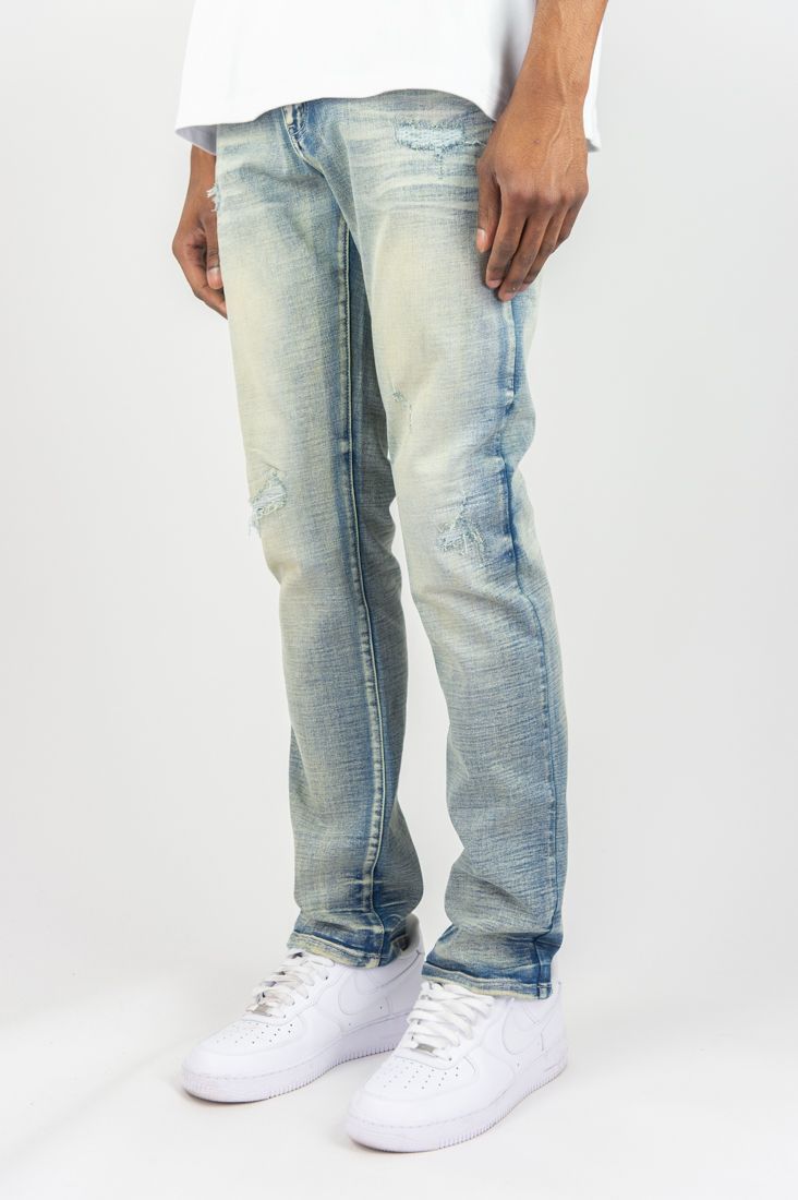 SLIM FIT DISTRESSED DENIM PANTS