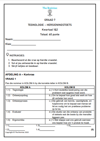 Gr 7 Tegnologie Hersieningstoets - Kwartaal 1&amp;2
