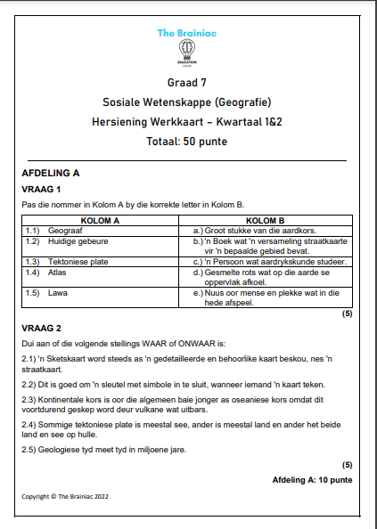 Gr 7 Geografie Hersiening Werkkaart - Kwartaal 1&amp;2