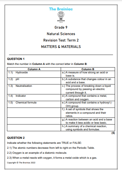 Gr 9 NS Revision Test - Term 2