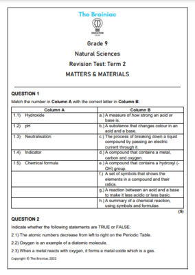 Gr 9 NS Revision Test - Term 2