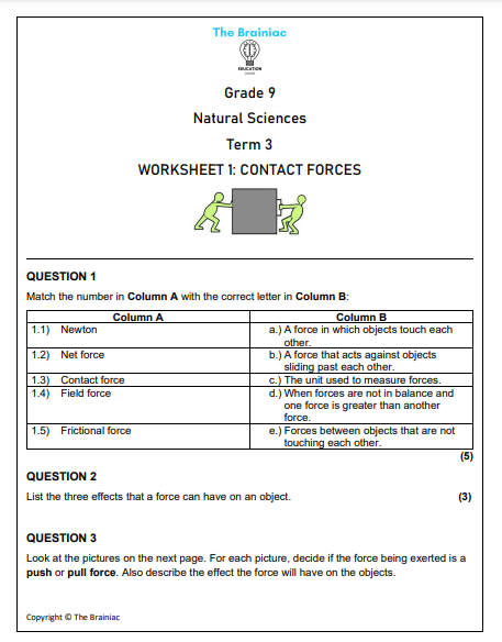 Gr 9 Natural Sciences Worksheets - Term 3