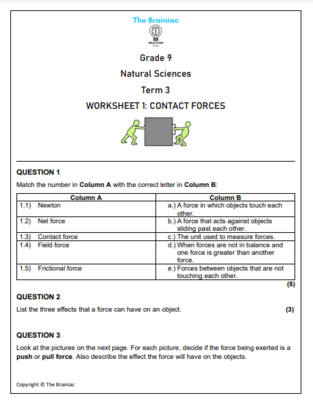 Gr 9 Natural Sciences Worksheets - Term 3