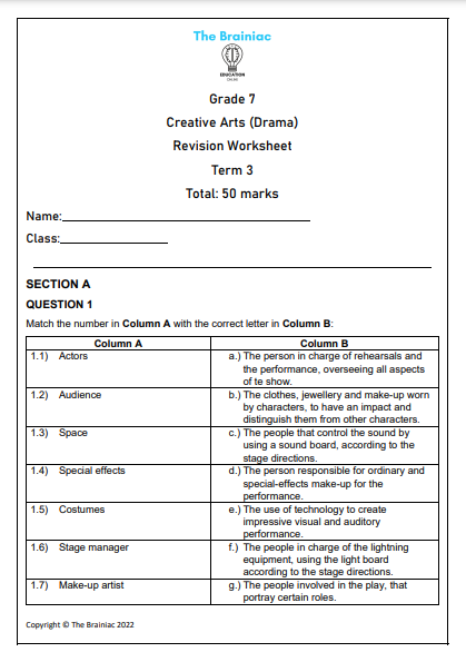 Gr 7 Drama Revision Worksheet - Term 3