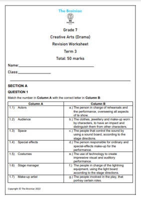 Gr 7 Drama Revision Worksheet - Term 3