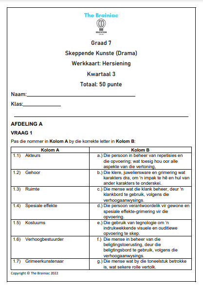 Gr 7 Drama Werkkaart (Hersiening) - Kwartaal 3