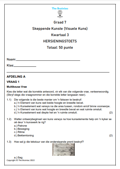 Gr 7 Visuele Kuns Hersieningstoets - Kwartaal 3
