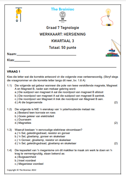 Gr 7 Tegnologie Hersieningswerkkaart - Kwartaal 3