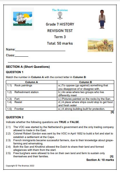 Gr 7 SS (History) Revision Test - Term 3