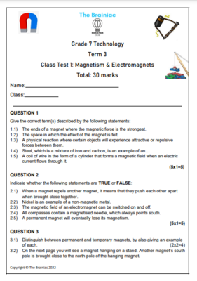 Gr 7 Technology Class Test (Magnetism &amp; Electromagnets) - Term 3