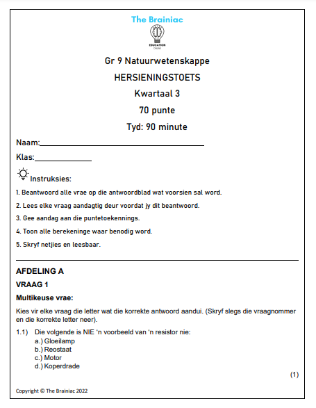 Gr 9 NW Hersieningstoets - Kwartaal 3