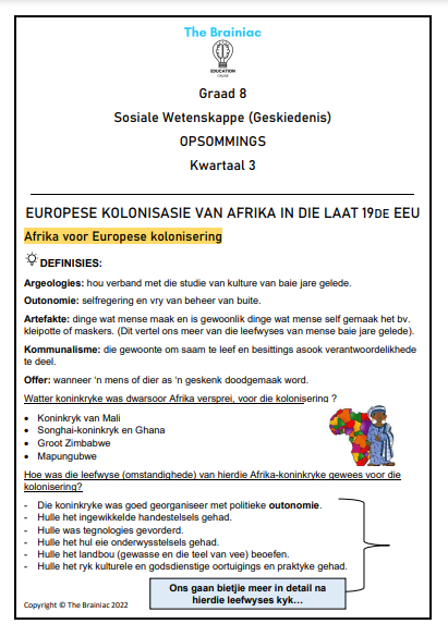 Gr 8 SW (Geskiedenis) Opsommings - Kwartaal 3