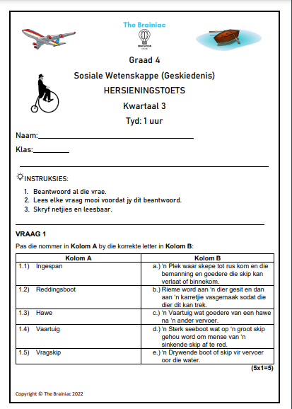 Gr 4 SW (Geskiedenis) Hersieningstoets - Kwartaal 3