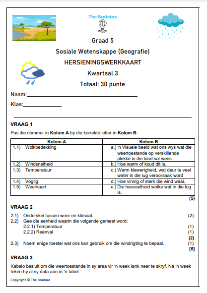 Gr 5 Geografie Hersieningswerkkaart - Kwartaal 3