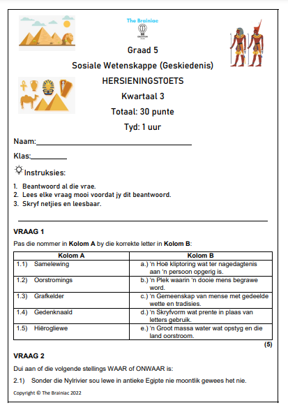 Gr 5 SW (Geskiedenis) Hersieningstoets - Kwartaal 3