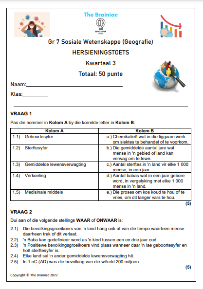 Gr 7 Geografie Hersieningstoets - Kwartaal 3