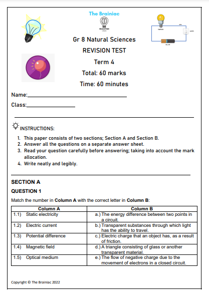 Gr 8 NS Revision Test - Term 3