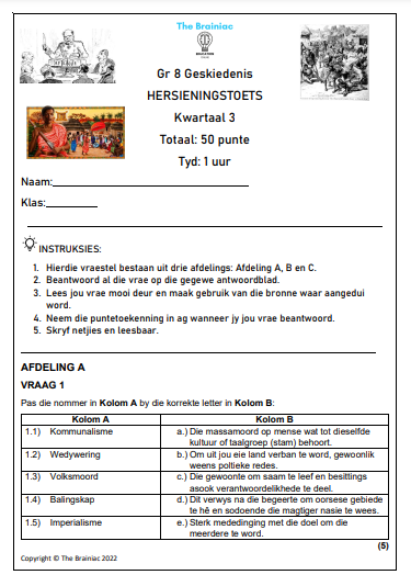 Gr 8 Geskiedenis Hersieningstoets - Kwartaal 3