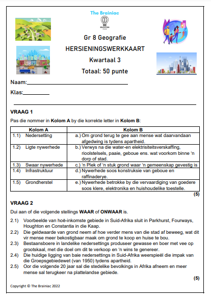 Gr 8 Geografie Hersieningswerkkaart - Kwartaal 3