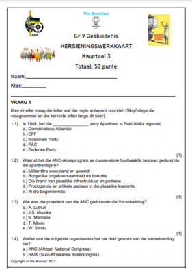Gr 9 Geskiedenis Hersieningswerkkaart - Kwartaal 3