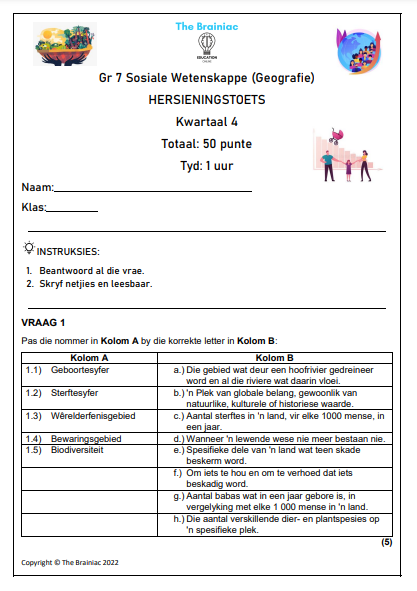 Gr 7 SW (Geografie) Hersieningstoets - Kwartaal 4