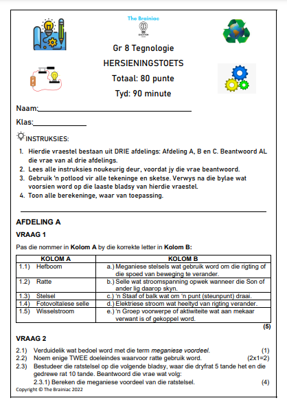 Gr 8 Tegnologie Hersieningstoets - Kwartaal 4