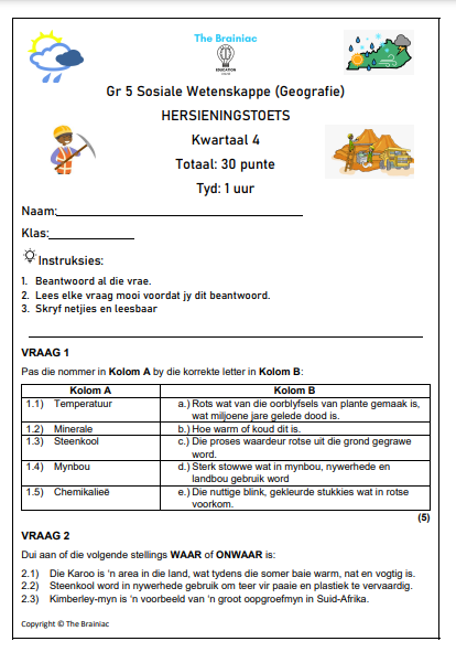 Gr 5 SW (Geografie) Hersieningstoets - Kwartaal 4