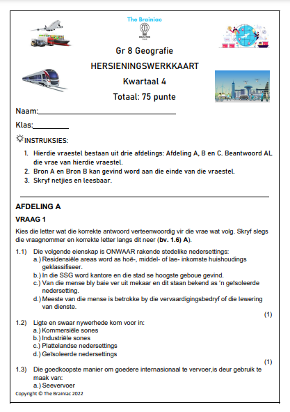 Gr 8 SW (Geografie) Hersieningstoets - Kwartaal 4